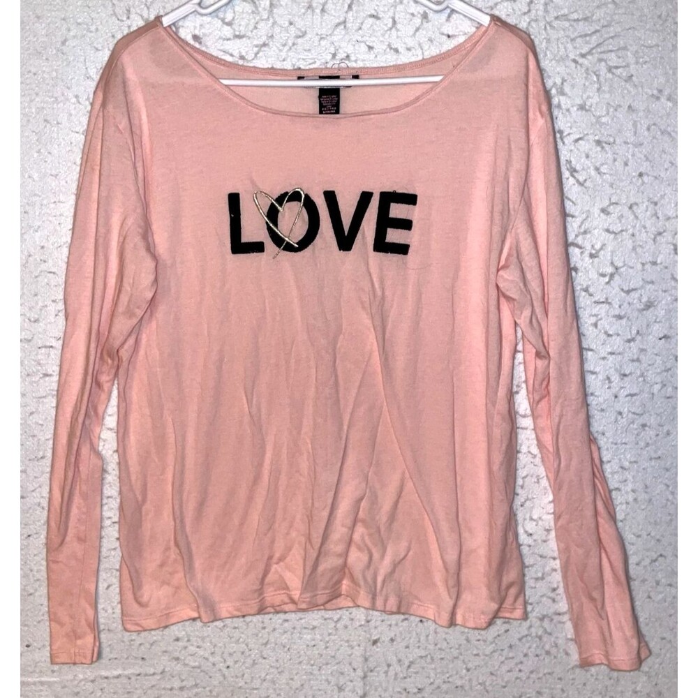 Victoria Secret Pajama Top Womens sz M Pink Love Bling Sequin Long Sleeve Lounge